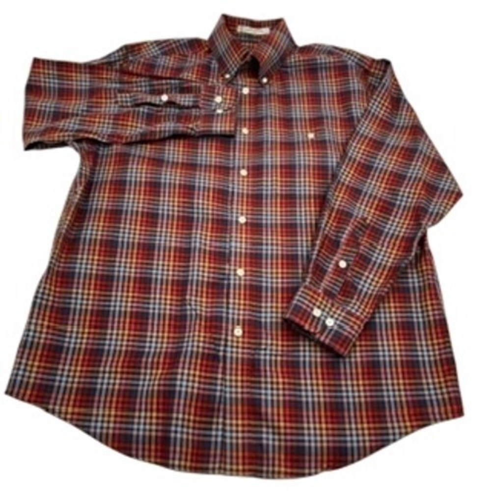 Orvis Mens Large Plaid Button Down Shirt Red Blue Orange Cotton Long Sleeve L - Picture 2 of 12